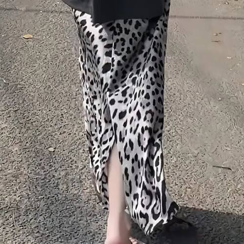 豹纹时髦开叉半身裙女2025夏季新款今年流行高腰显瘦高级大码长裙