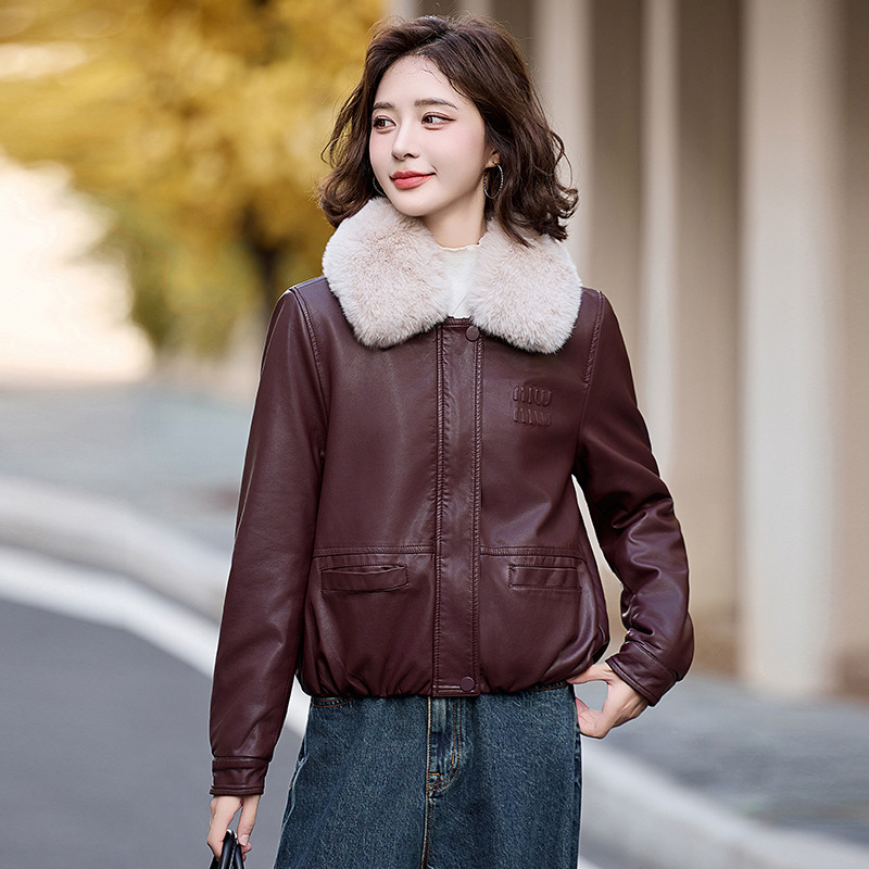 女式皮衣秋冬季新款大毛领加绒加厚小个子夹克PU皮衣外套 ZH1137
