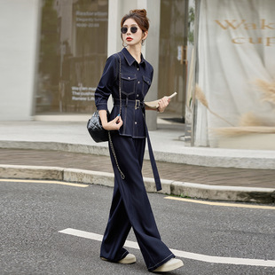 休闲牛仔外套高腰阔腿裤 新款 女2025秋新款 套装 两件套YQ3366 时尚
