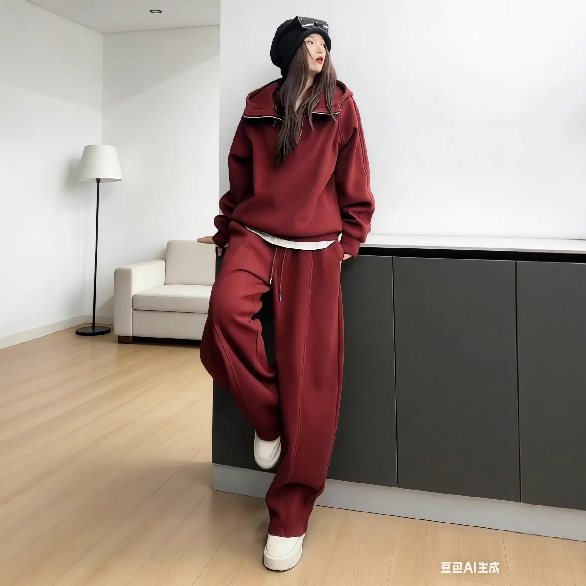 红色过年衣服套装女超火冬装一整套慵懒风加绒卫衣休闲运动两件套