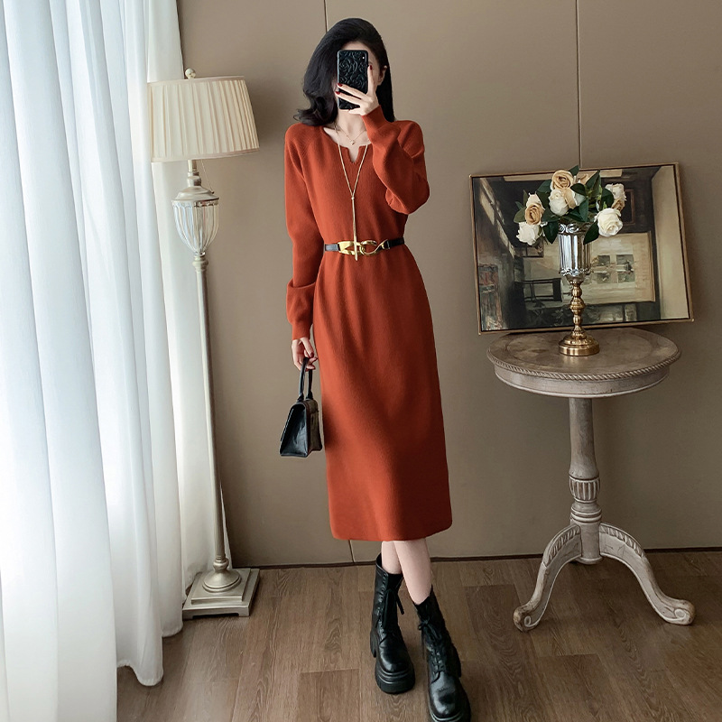 红色长袖针织连衣裙女减龄显瘦过膝长裙高级感毛衣裙内搭打底裙秋