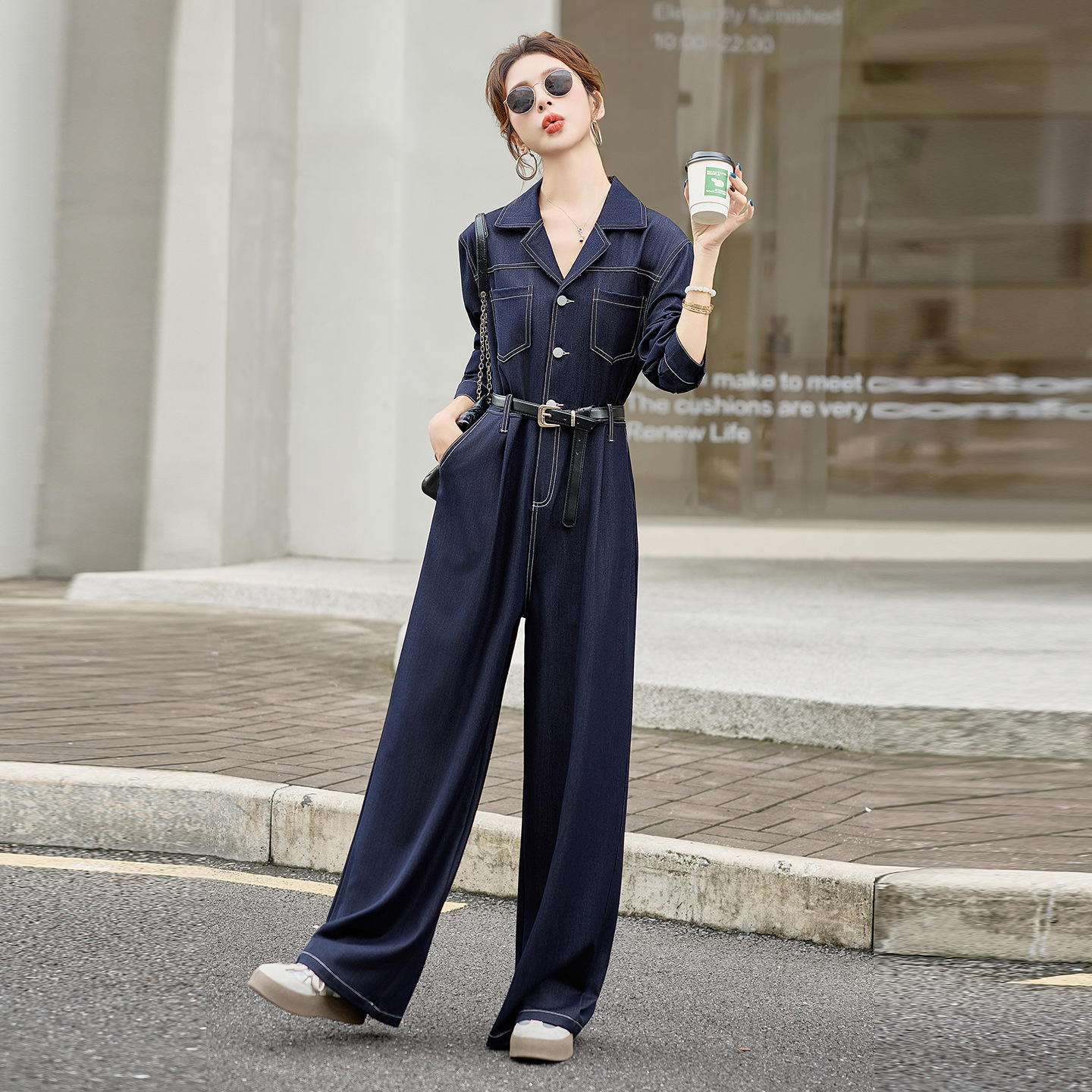 工装牛仔连体裤女2025秋季新款OL气质通勤连衣裤时尚连身裤