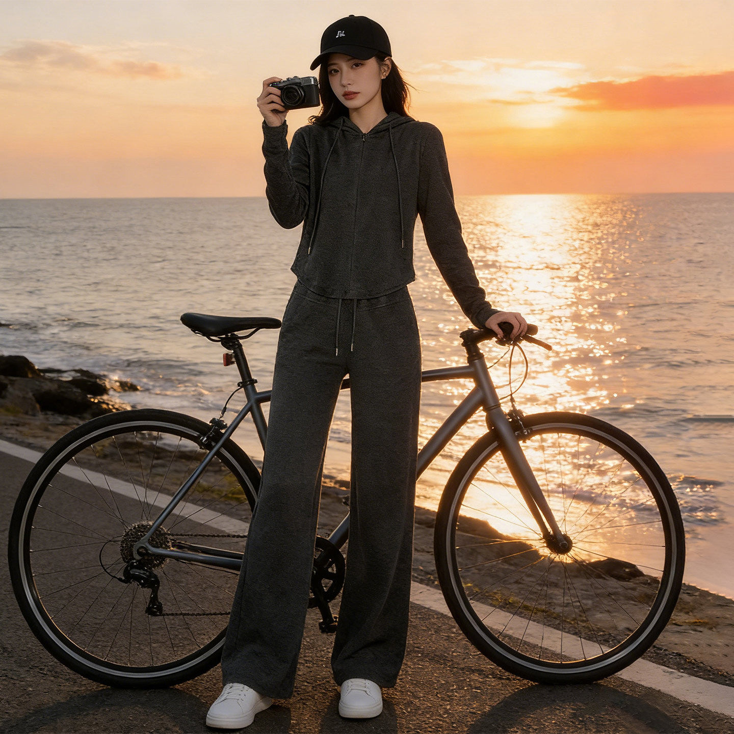 2026春季高级感灰色休闲运动套装女修身显瘦开衫上衣阔腿裤两件套