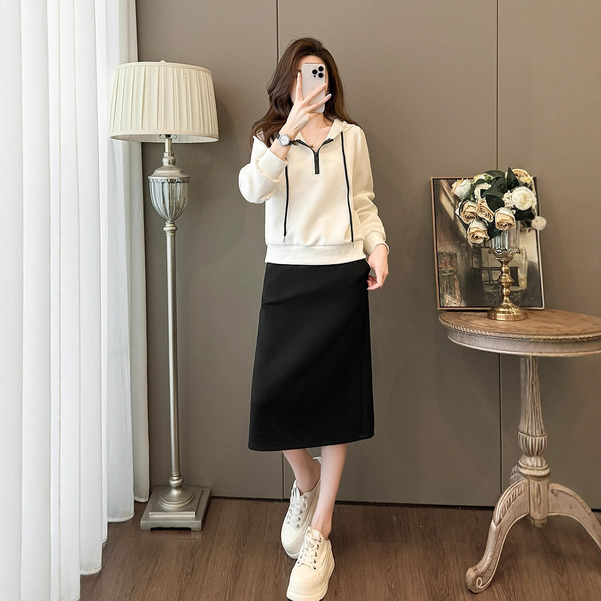 时尚潮流休闲套装女2025秋新款长袖连帽卫衣黑色半身裙显瘦两件套