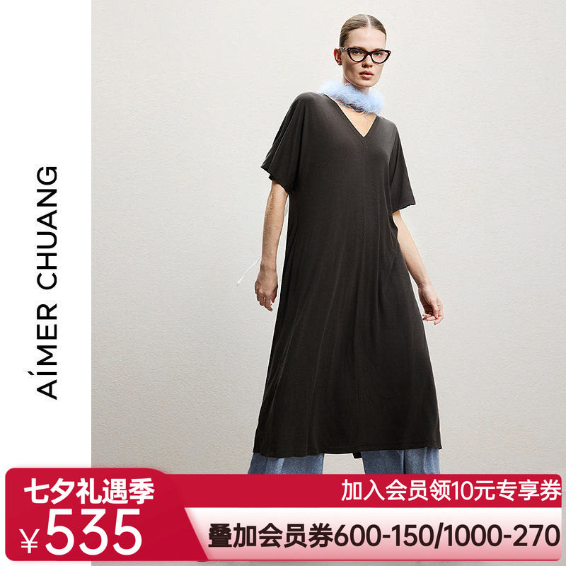AIMER CHUANG26春夏女空气冰奶皮圆领短袖两面穿连衣裙CA442261