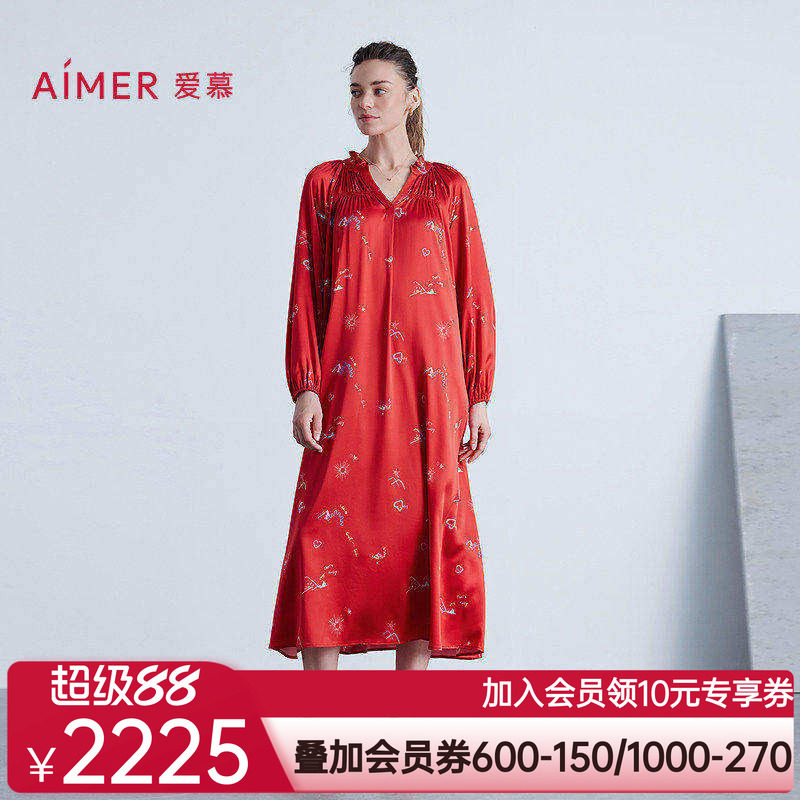 爱慕25秋冬日照金山开运系列女士睡衣含桑蚕丝红色九分袖中长睡裙