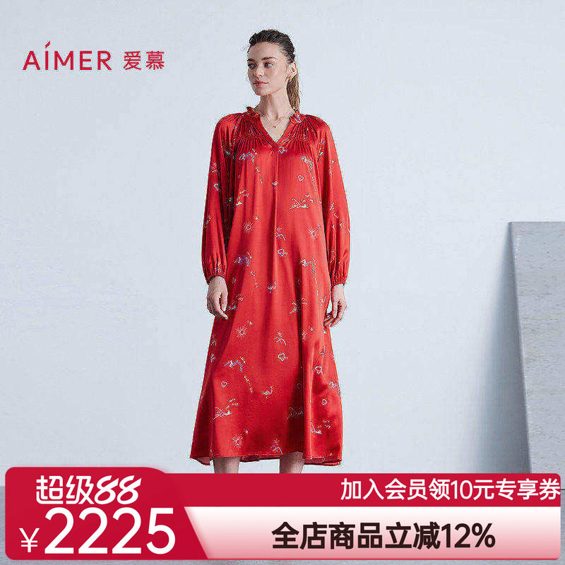 爱慕25秋冬日照金山开运系列女士睡衣含桑蚕丝红色九分袖中长睡裙