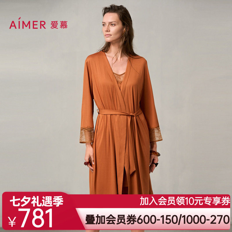爱慕梦远星河睡衣女秋冬薄款蕾丝晨袍莫代尔睡袍AM48A041