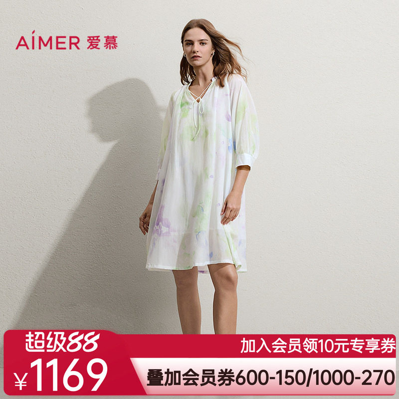 爱慕春夏花间醒睡衣女棉质含桑蚕丝可外穿连衣睡裙AM44C711