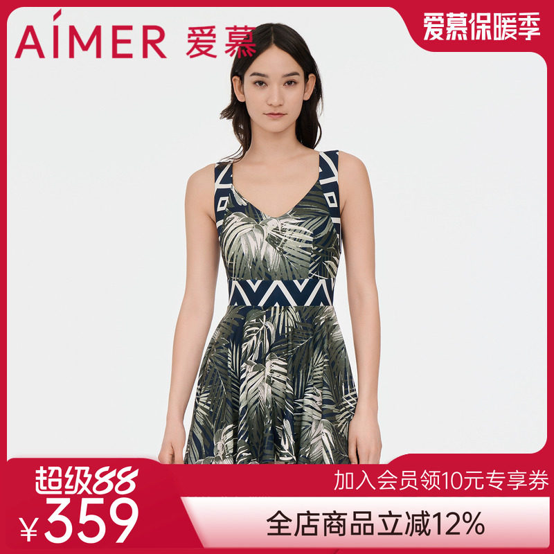 爱慕泳衣女棕榈格调夏季无胸垫遮肚显瘦V领裙式连体泳衣AM688062