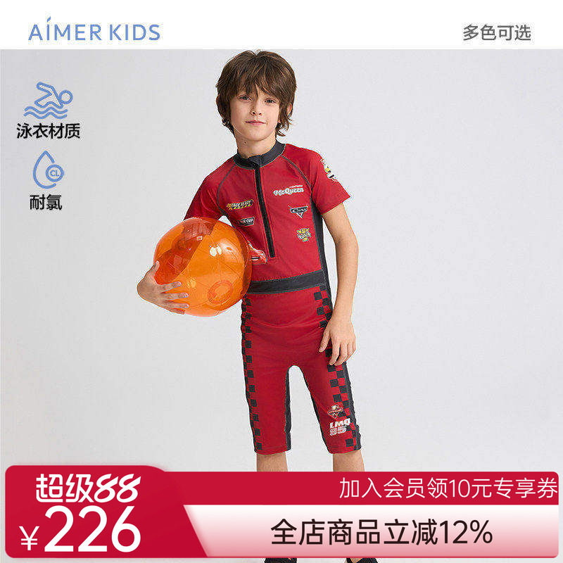 爱慕儿童赛车总动员系列夏男孩耐氯短袖五分裤连体/分身泳衣套装