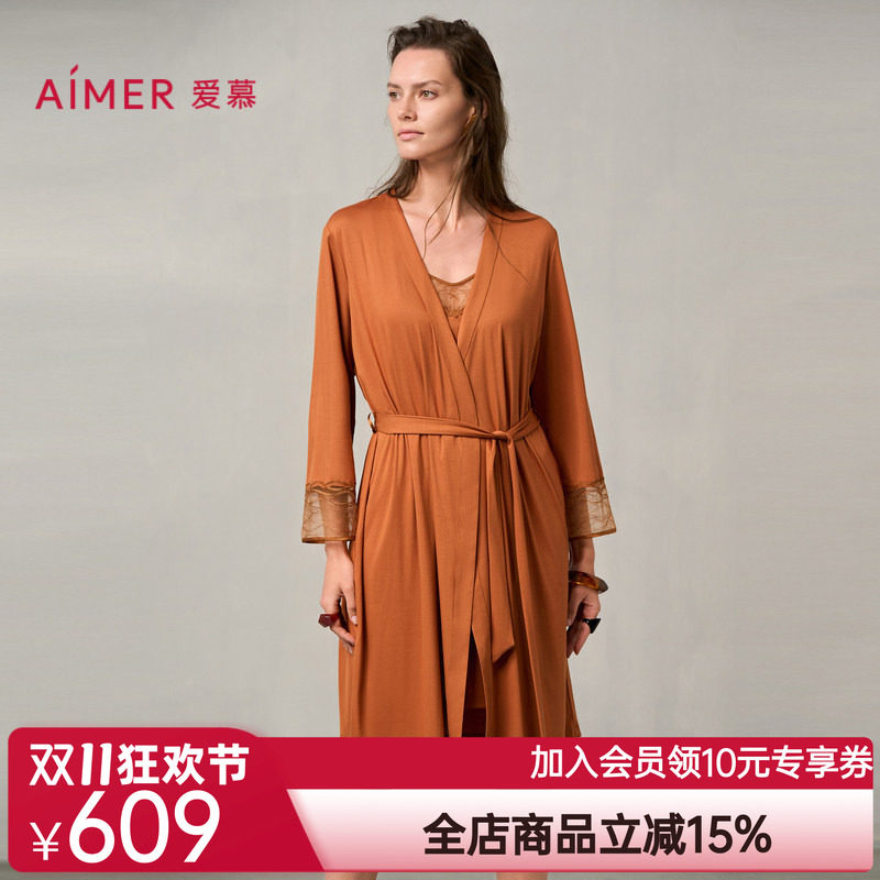 爱慕梦远星河睡衣女秋冬薄款蕾丝晨袍莫代尔睡袍AM48A041