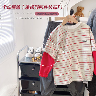 韩版童装2026年男童条纹假两件T恤中大童圆领卫衣儿童街舞上衣潮
