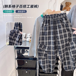 格子裤 直筒休闲裤 中大童束脚宽松裤 裤 子儿童街舞工装 男童春夏薄款