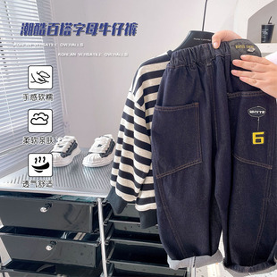 男童底抓绒后口袋个性数字弹力牛仔裤冬季新款2025年儿童薄绒长裤