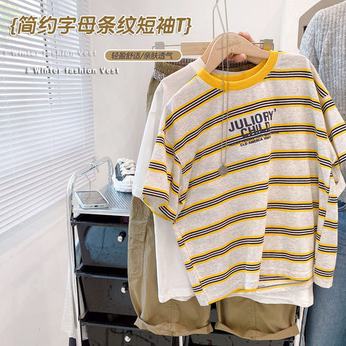 2026年夏季新款男童条纹百搭半袖中大童显白短袖T恤儿童宽松清爽t