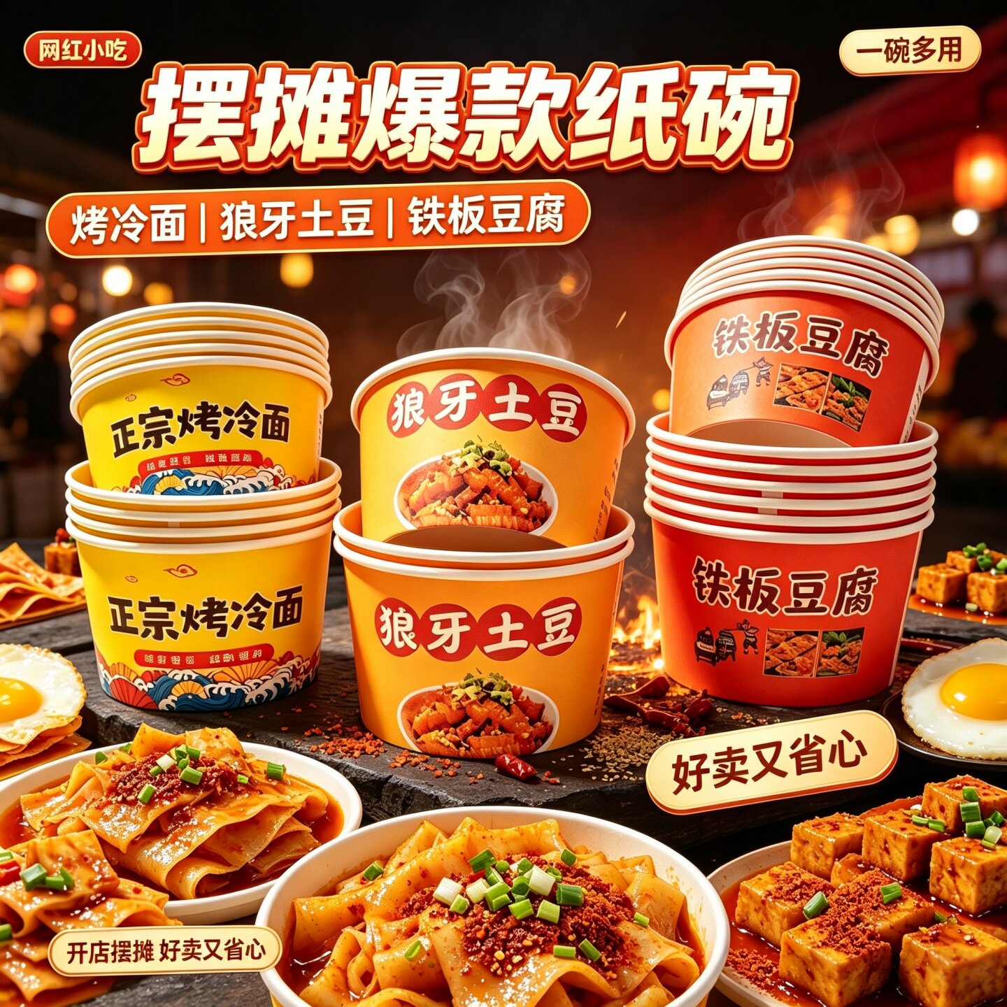 摆地摊一次性纸碗狼牙土豆铁板豆腐炕土豆专用打包盒圆形带盖商用