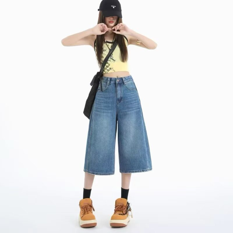 复古七分阔腿牛仔裤女2026夏牛仔裤