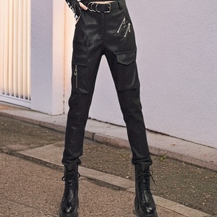 小脚皮裤 网红款 个性 抓绒保暖洗水皮长裤 欧货潮牌机车风2025年冬季