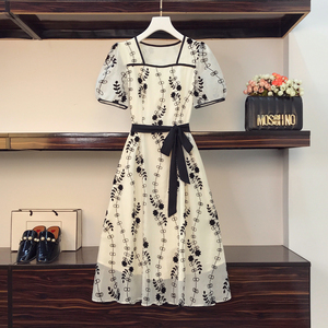 RM8420#大码女装夏季新款立体感法式提花胖妹妹短袖气质显瘦连衣裙