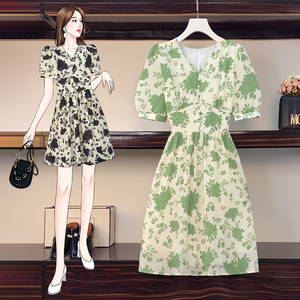 RM8421#大码女装夏季新款重工立体感法式碎花胖妹妹短袖显瘦连衣裙