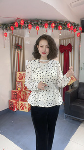 前后不透时尚黑白波点雪纺纱女百搭修身飘带上衣显瘦大码韩版6116