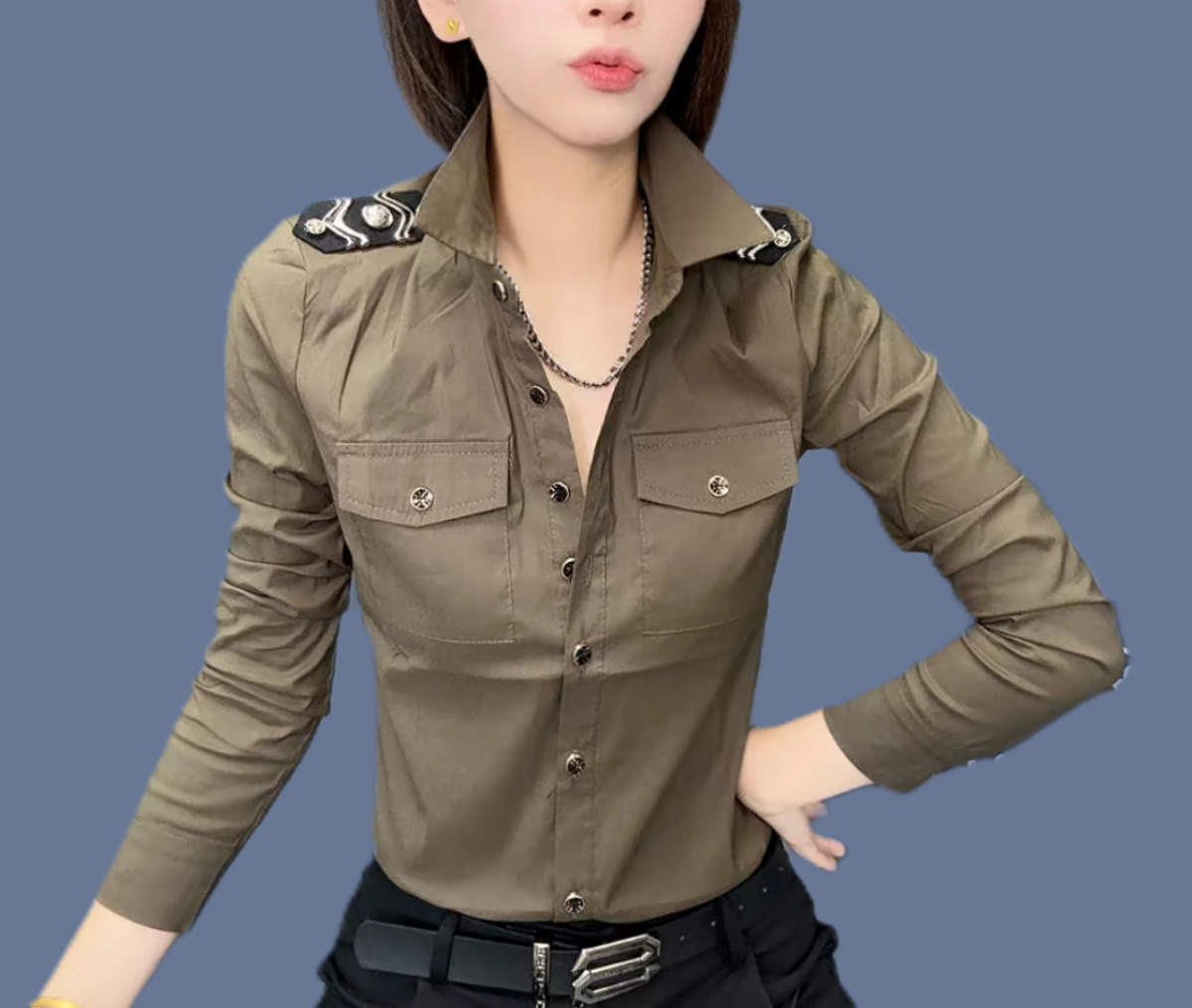 重工肩章棉质衬衫女百搭修身显瘦气质彩色舒适弹力方领衬衣气质