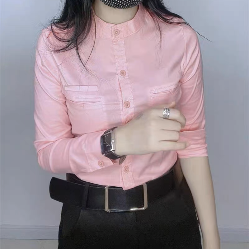 韩版春秋新款糖果色立领衬衫女修身百搭气质上衣简约纯色棉质打底