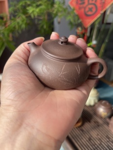 古尚紫砂 原矿深井老紫泥 寒江壶90毫升功夫茶具 全手工刻绘