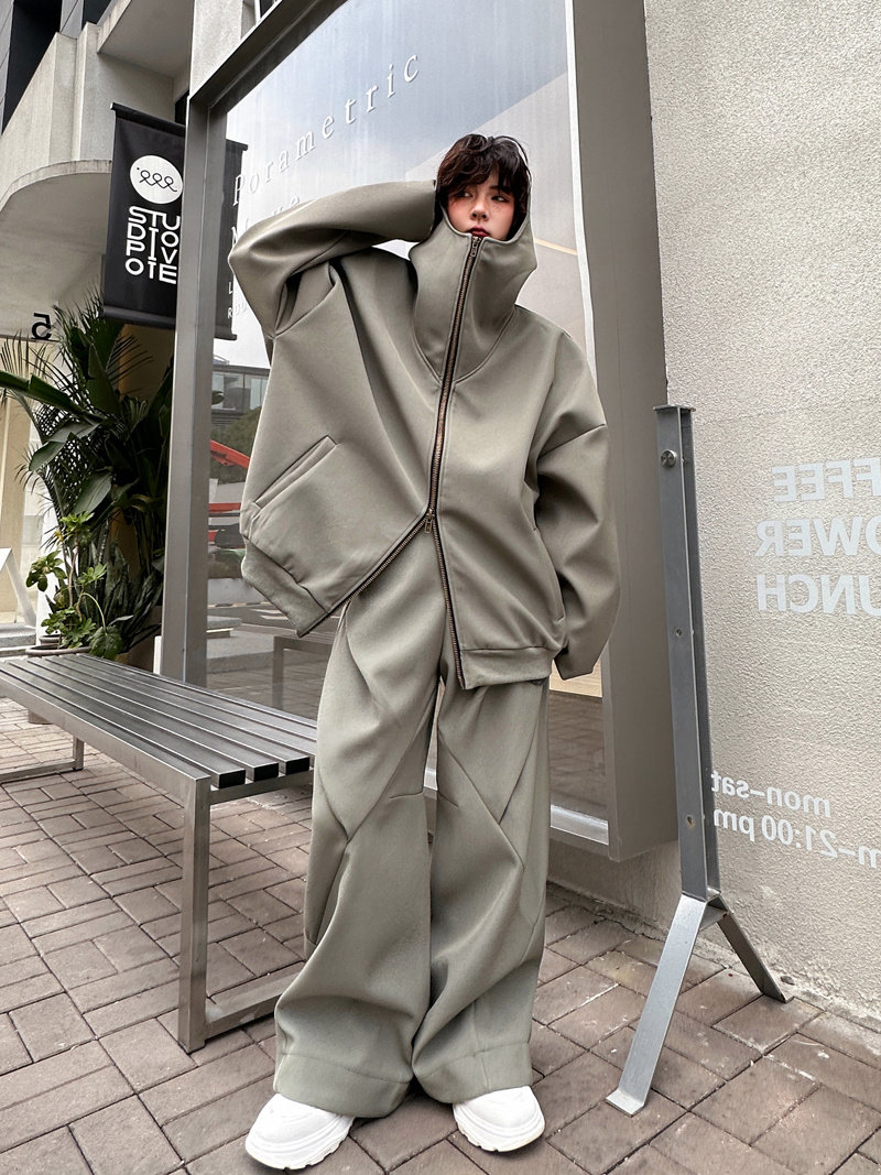 가을 겨울 아메리칸 후드티 실루엣 가디건 스웨트 셔츠 남성용 스플라이스 스트레이트 와이드 팬츠 투피스 캐주얼 스포츠 세트 세트