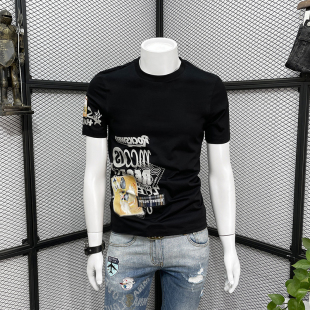 半袖 T恤潮牌休闲圆领上衣2024纯棉潮流修身 字母印花体恤 短袖 男士