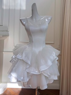 法式名媛高定婚纱礼服轻奢吊带抹胸白色缎面小洋装生日成人连衣裙