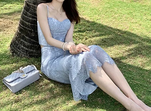 24时尚夏法式名媛气质蕾丝女背心吊带+鱼尾半身裙包臀两件套装