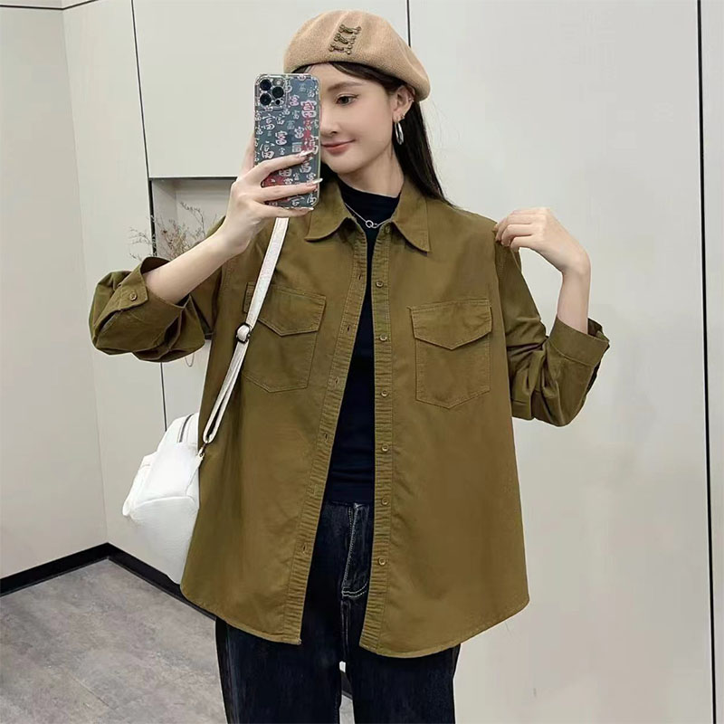 韩版春秋款宽松洗水长袖衬衫女慵懒风衬衣外套百搭中长款休闲港风
