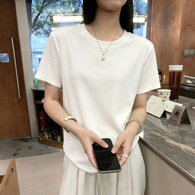 夏季圆领宽松白色棉短袖T恤女