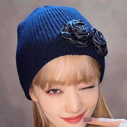 李圣经泫雅同款帽子女黑色玫瑰花帽秋冬新款时尚保暖针织毛线帽潮