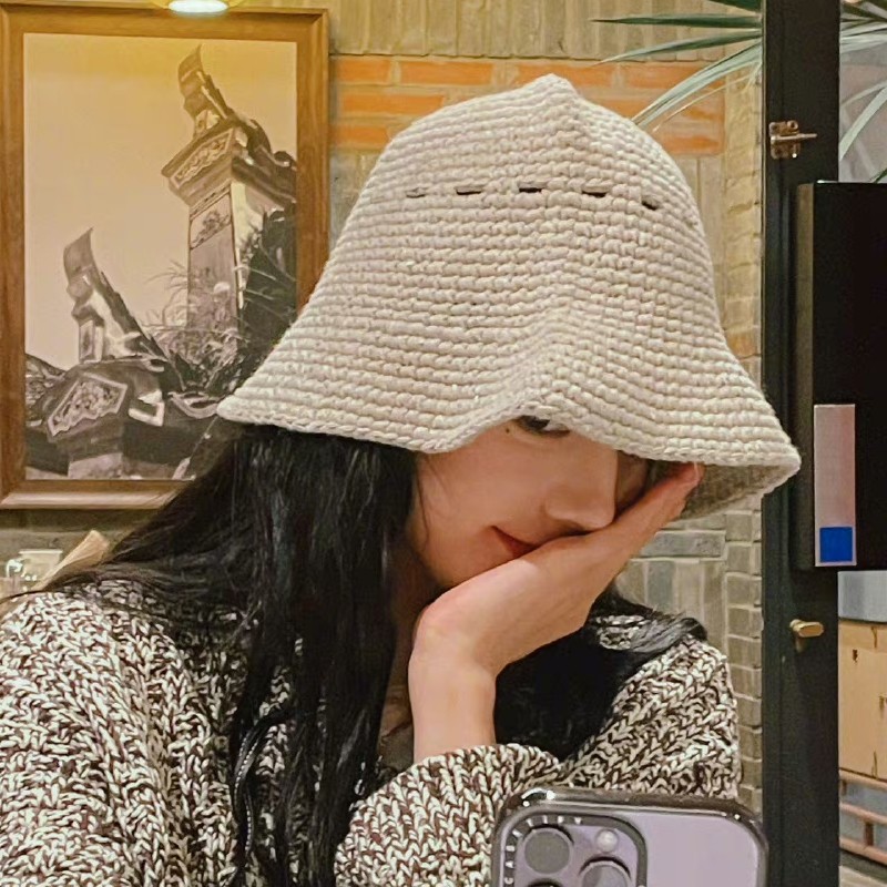 迪丽热巴同款帽子女手工草编水桶显脸小渔夫帽韩版日系镂空遮阳帽