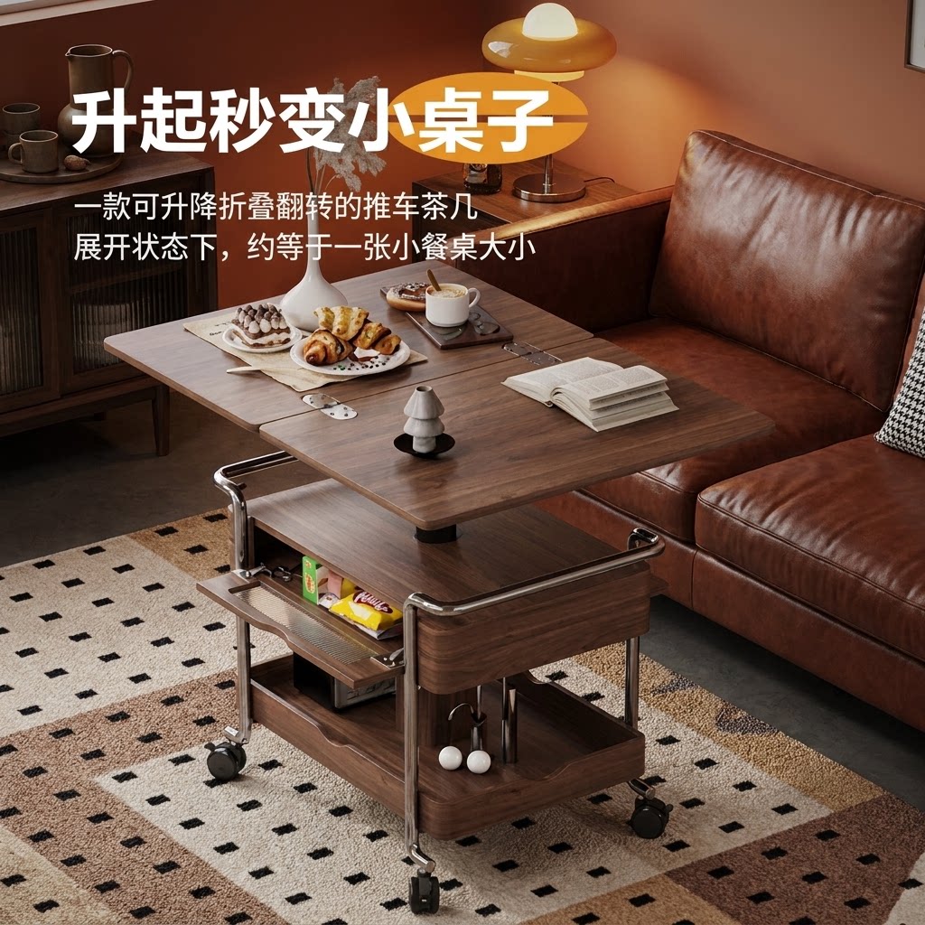 实木多功能升降茶几小户型可折叠图片