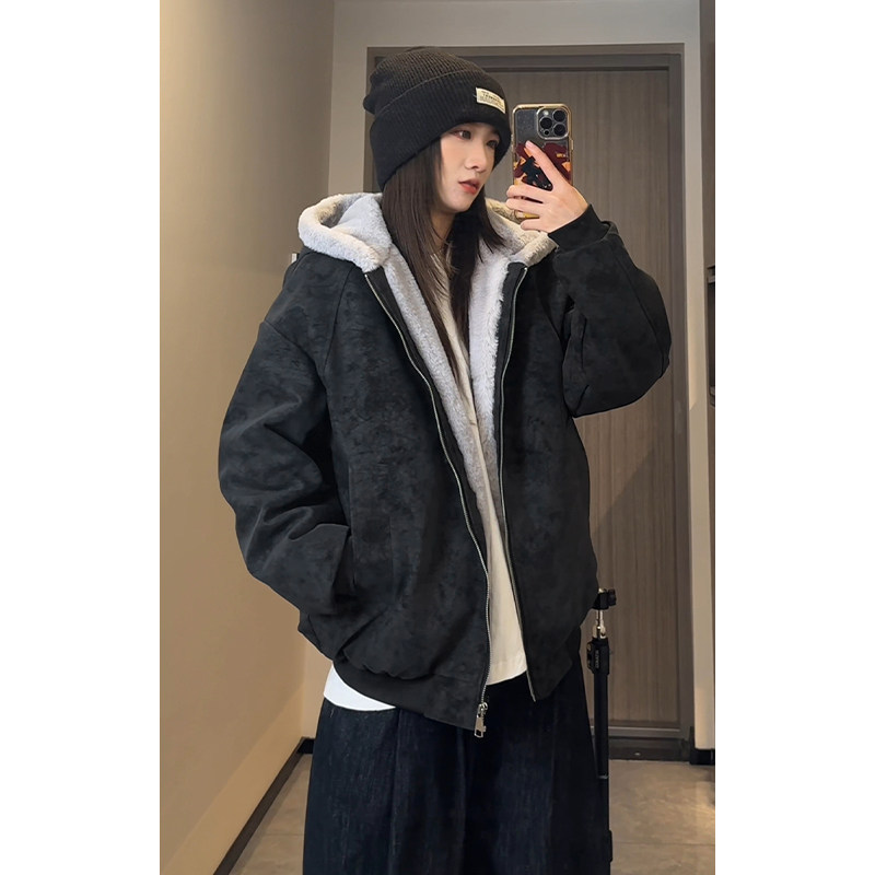 现货2w件蓄热PU皮荔枝纹座山雕连帽保暖棉衣男女外套M24988