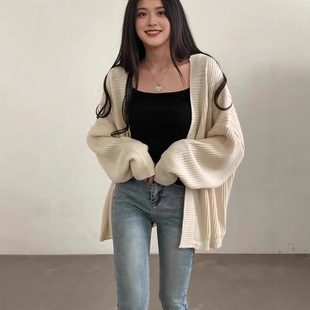 韩国秋冬简约纯色慵懒宽松休闲中长款 慵懒外套 毛衣外套女针织开衫