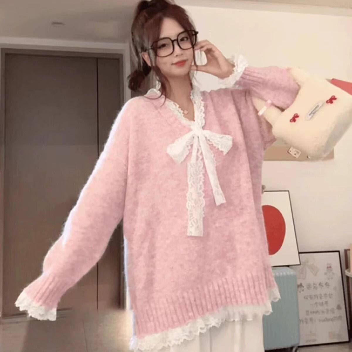 蕾丝蝴蝶结拼接宽松长袖毛衣女装2025秋季慵懒风针织衫中长款上衣