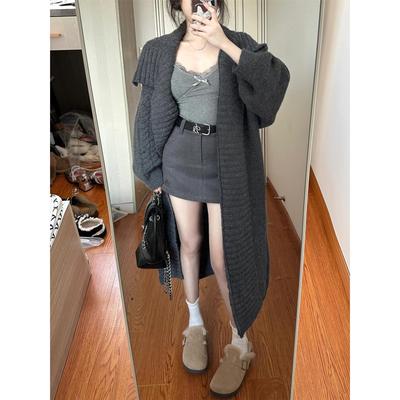 大翻领灰色女装秋冬新款高端慵懒风格长披肩毛衣开衫