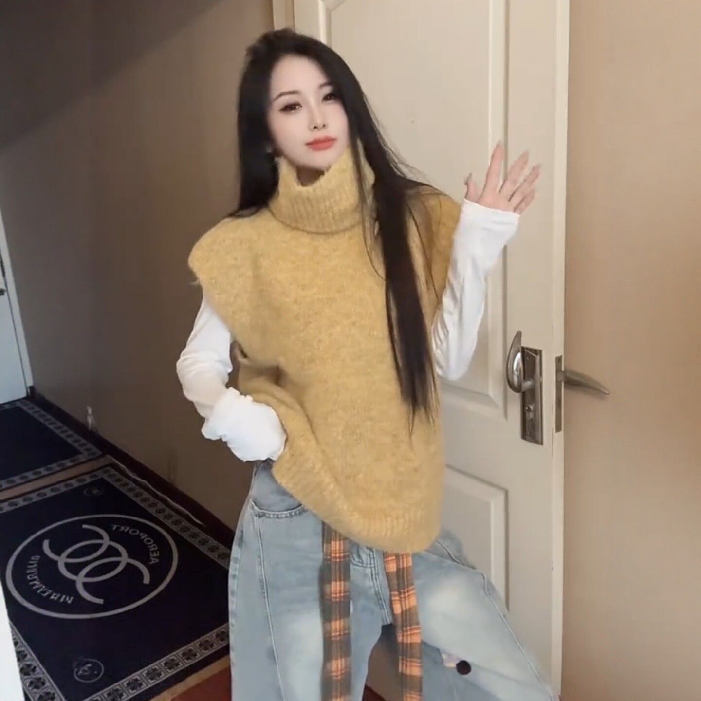 复古黄色高领无袖针织衫秋冬宽松毛衣叠穿飞飞袖背心马甲休闲上衣