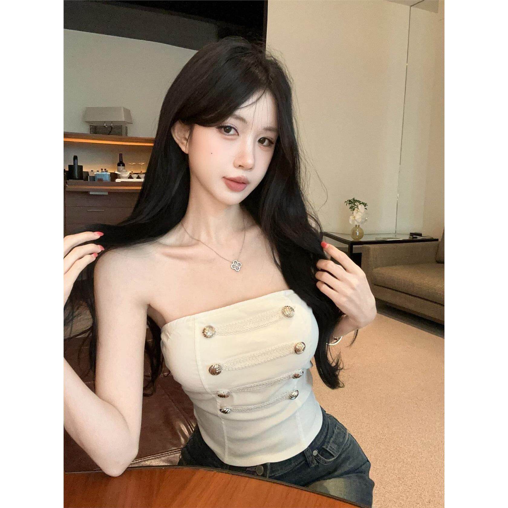 夏季新款纯欲风重工双排纽扣装饰抹胸背心女设计感一字肩短款上衣