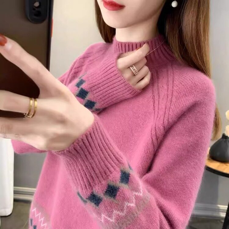 秋冬款半高领打底衫女士针织衫洋气遮肉套头毛衣宽松百搭宽松毛衣