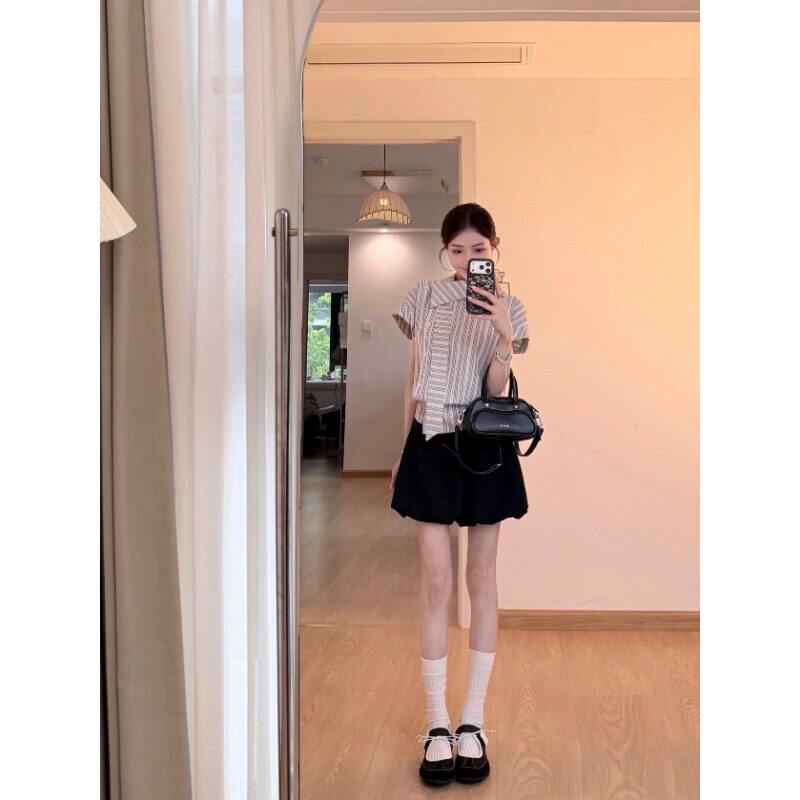 韩系学院风条纹衬衫女夏季短袖宽松减龄款翻领飘带设计感小众上衣