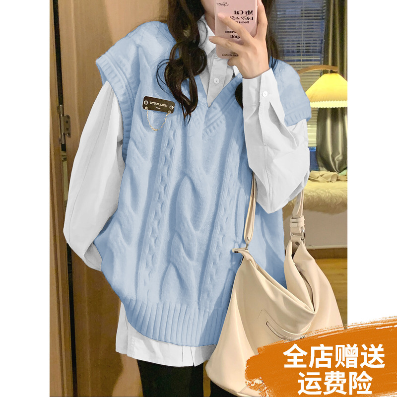 大码胖MM蓝色超好看奶fufu马甲背心女复古V领秋冬设计感叠穿毛衣