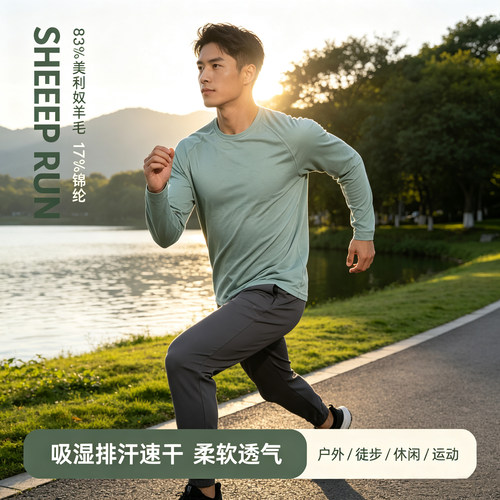 SHEEP RUN 大牧场180g15.5mic美利奴羊毛男款圆领户外徒步运动T恤