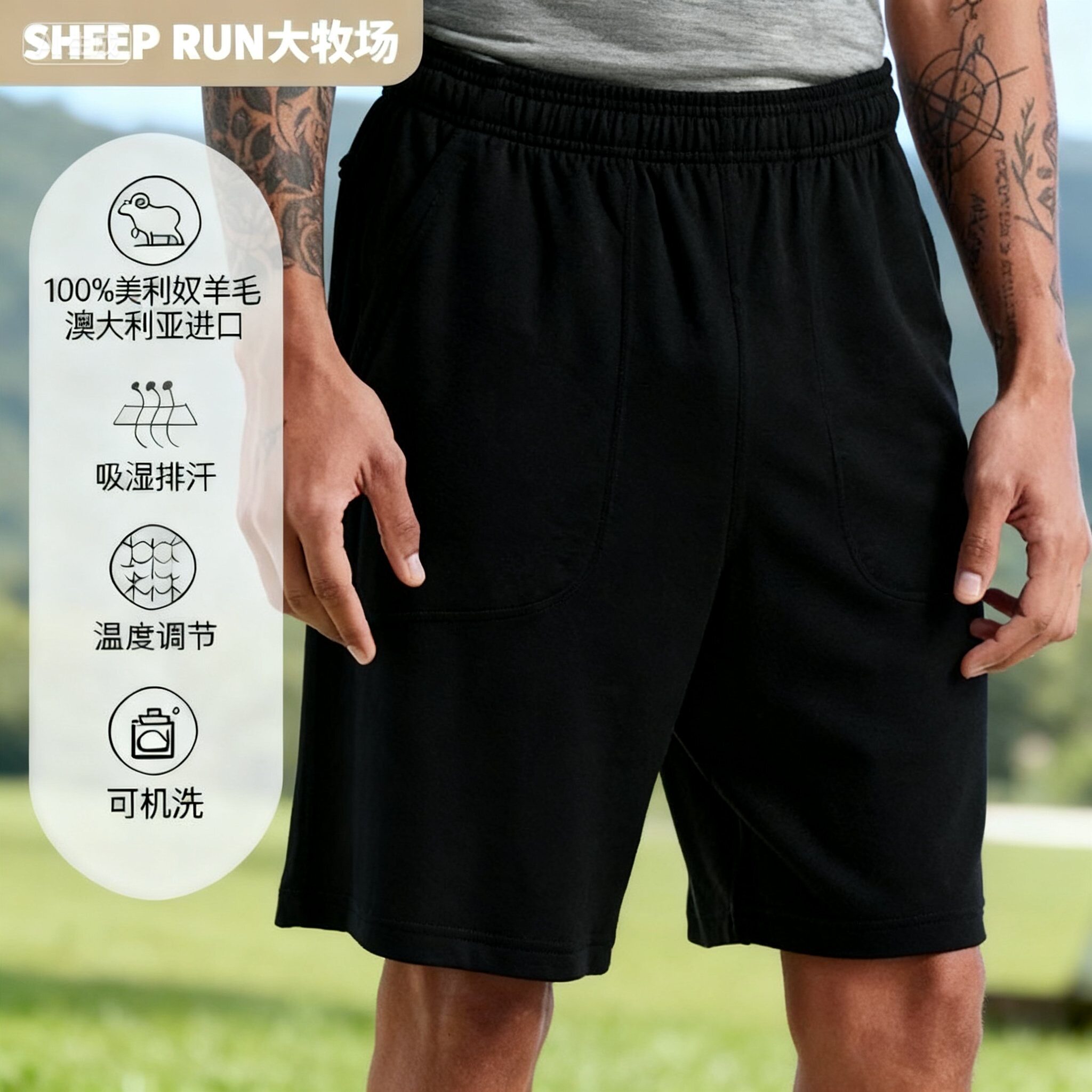 SHEEP RUN大牧场美利奴羊毛男短裤吸湿排汗轻薄特价透气户外运动