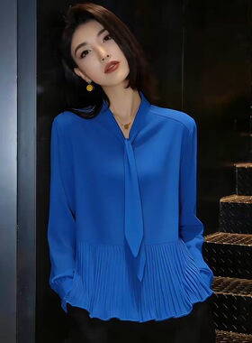 轻熟风蓝色V领长袖衬衫女2026春季新款系带设计百褶下摆气质上衣